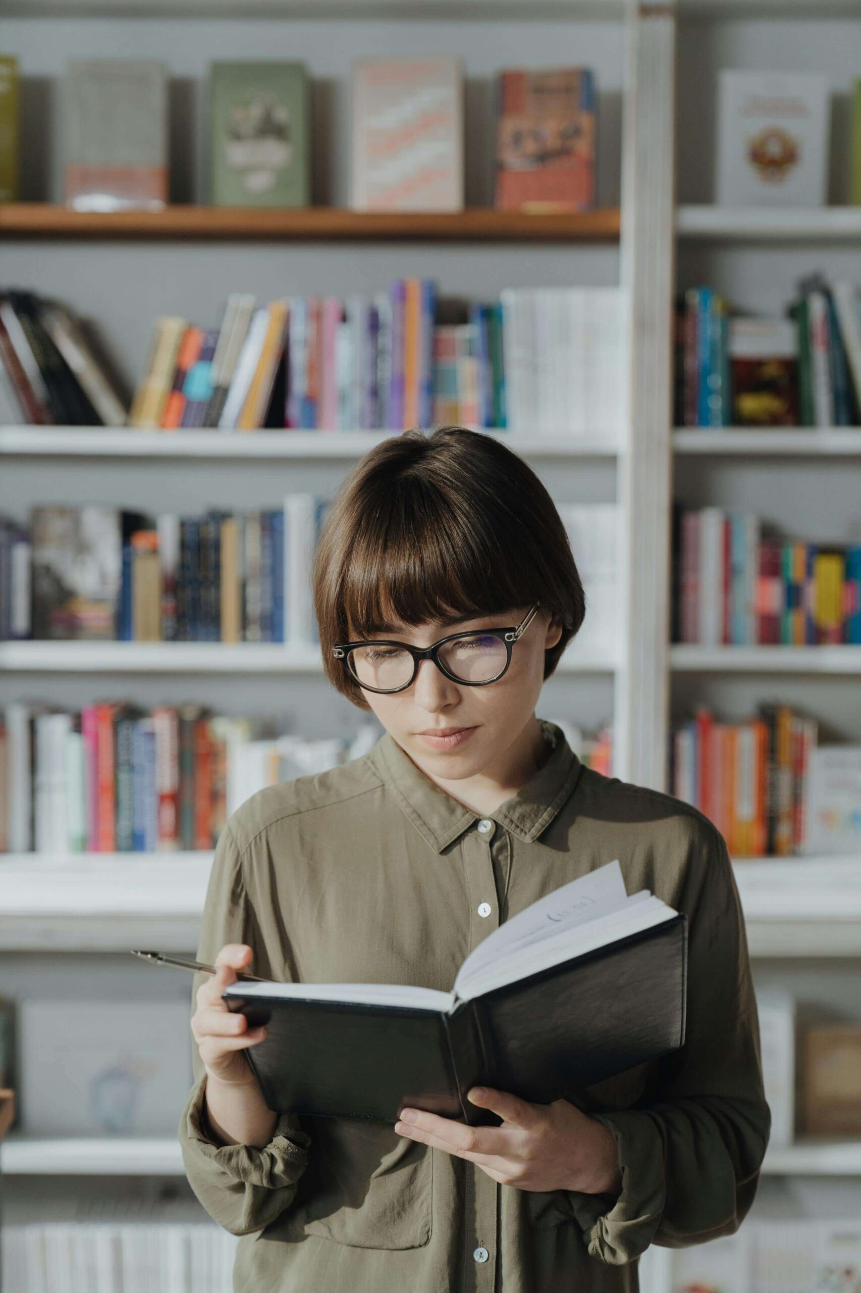 engaged reader in a bookstore